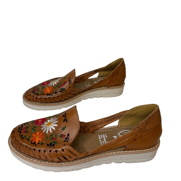Cacahi's Mexican Huarache‎ Slip On Sandals Sz 7 Tan & Floral Beach Culture Boho - Picture 1 of 9